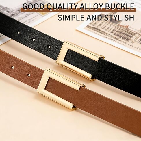 2 Pack Skinny Leather Belts Thin Belts with Golden Buckle for Women Ladies Minimalist Dresses Jeans Pants Waist Belt in Kuwait