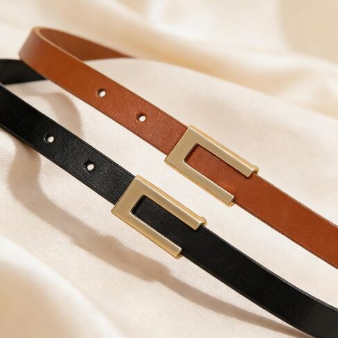 2 Pack Skinny Leather Belts Thin Belts with Golden Buckle for Women Ladies Minimalist Dresses Jeans Pants Waist Belt in Kuwait