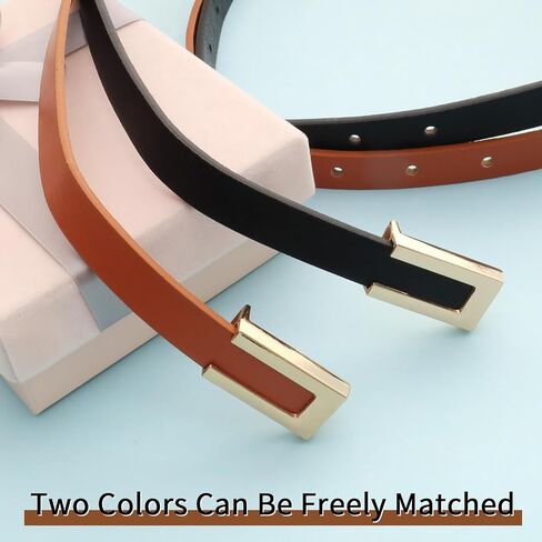 2 Pack Skinny Leather Belts Thin Belts with Golden Buckle for Women Ladies Minimalist Dresses Jeans Pants Waist Belt in Kuwait