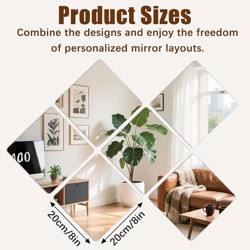 6 Pack Self Adhesive Acrylic Mirror, 8 x 8 Inch Flexible Frameless Square Shatterproof Peel and Stick on Mirror Stickers, Mirror Sheets for Wall Mirror for Door Home Bedroom Bathroom Decor in Saudi Arabia