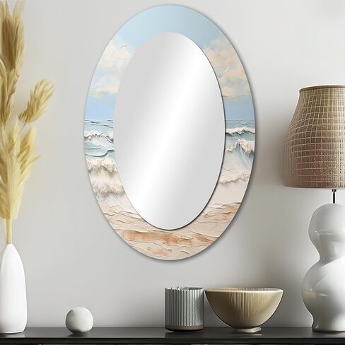 Coastal Wall Mirror, Oval Beach Wall Mirror, Modern Coastal Beige and Blue Beach, Decorative Coastal Bathroom Mirror for Bedroom Living Room, 24 x 36 Inches in Saudi Arabia