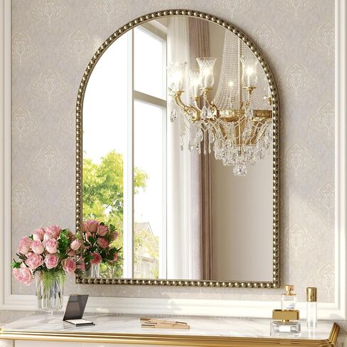 Champagne Bronze Arched Mirror 24"x32", Champagne Bronze Mirror for Bathroom, Entryway, Bedroom, Fireplace, Over Sink, Vintage Gold Arch Mirror with Metal Beaded Frame in Saudi Arabia