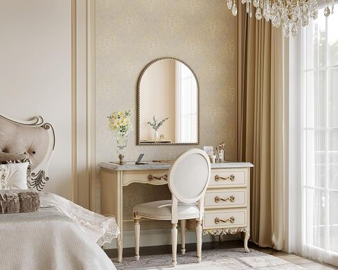 Champagne Bronze Arched Mirror 24"x32", Champagne Bronze Mirror for Bathroom, Entryway, Bedroom, Fireplace, Over Sink, Vintage Gold Arch Mirror with Metal Beaded Frame in Saudi Arabia