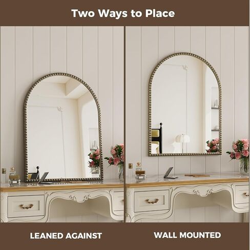 Champagne Bronze Arched Mirror 24"x32", Champagne Bronze Mirror for Bathroom, Entryway, Bedroom, Fireplace, Over Sink, Vintage Gold Arch Mirror with Metal Beaded Frame in Saudi Arabia