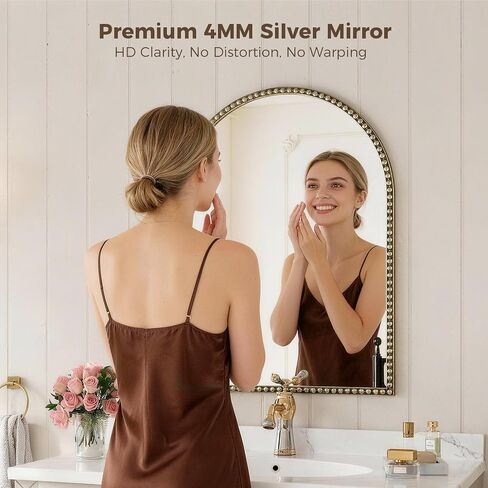 Champagne Bronze Arched Mirror 24"x32", Champagne Bronze Mirror for Bathroom, Entryway, Bedroom, Fireplace, Over Sink, Vintage Gold Arch Mirror with Metal Beaded Frame in Saudi Arabia