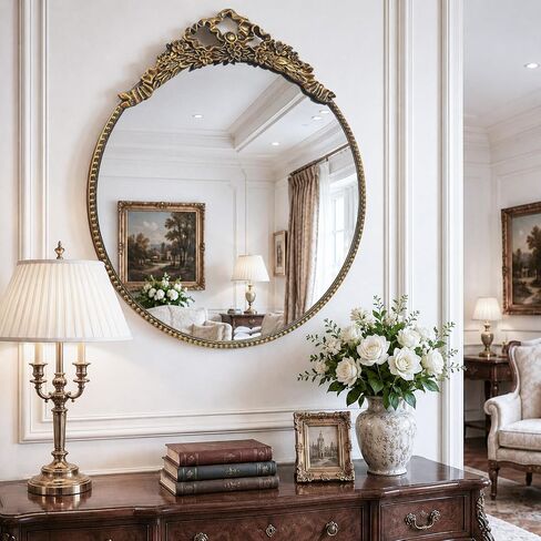 G-LEAF Vintage Gold Bow Mirror 28", Antique Baroque Mirror with Ornate Floral Beaded Frame for Bedroom Bathroom Vanity Entryway Living Room Decor in Saudi Arabia