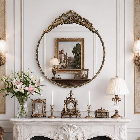 G-LEAF Vintage Gold Bow Mirror 28", Antique Baroque Mirror with Ornate Floral Beaded Frame for Bedroom Bathroom Vanity Entryway Living Room Decor in Saudi Arabia