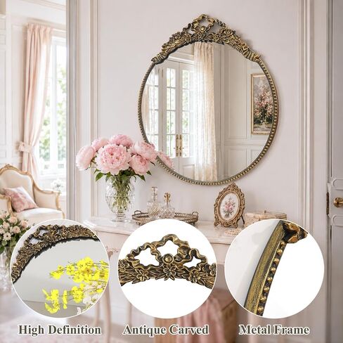 G-LEAF Vintage Gold Bow Mirror 28", Antique Baroque Mirror with Ornate Floral Beaded Frame for Bedroom Bathroom Vanity Entryway Living Room Decor in Saudi Arabia
