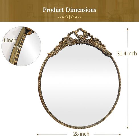 G-LEAF Vintage Gold Bow Mirror 28", Antique Baroque Mirror with Ornate Floral Beaded Frame for Bedroom Bathroom Vanity Entryway Living Room Decor in Saudi Arabia