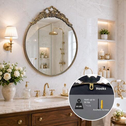 G-LEAF Vintage Gold Bow Mirror 28", Antique Baroque Mirror with Ornate Floral Beaded Frame for Bedroom Bathroom Vanity Entryway Living Room Decor in Saudi Arabia