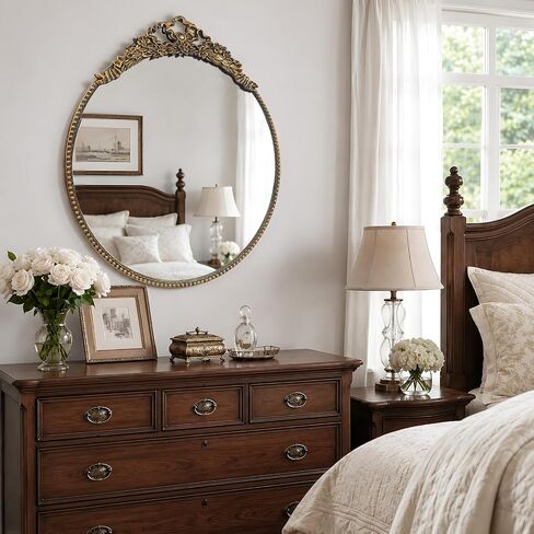 G-LEAF Vintage Gold Bow Mirror 28", Antique Baroque Mirror with Ornate Floral Beaded Frame for Bedroom Bathroom Vanity Entryway Living Room Decor in Saudi Arabia