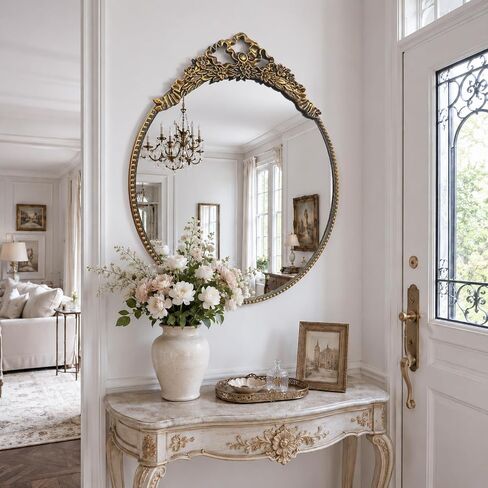 G-LEAF Vintage Gold Bow Mirror 28", Antique Baroque Mirror with Ornate Floral Beaded Frame for Bedroom Bathroom Vanity Entryway Living Room Decor in Saudi Arabia