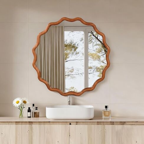 30 inch Wavy Round Solid Wood Frame Decorative Mirror Yellow Brown Wall Mirror in Kuwait