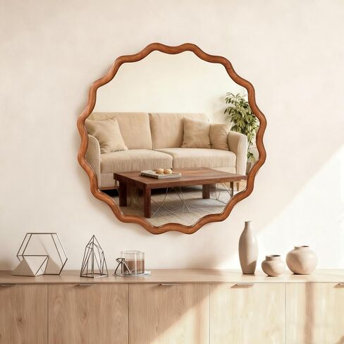 30 inch Wavy Round Solid Wood Frame Decorative Mirror Yellow Brown Wall Mirror in Kuwait