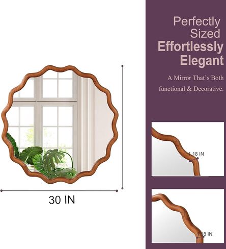 30 inch Wavy Round Solid Wood Frame Decorative Mirror Yellow Brown Wall Mirror in Kuwait