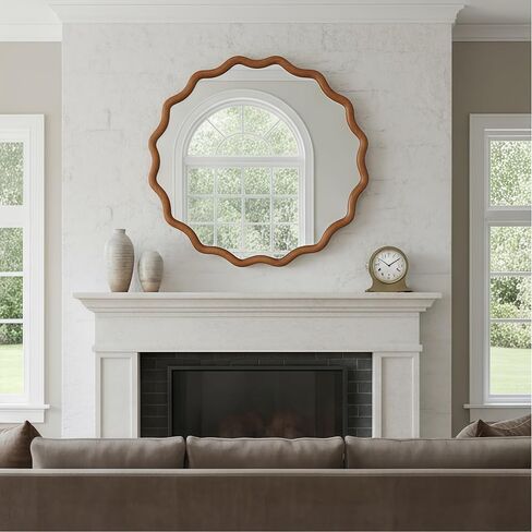30 inch Wavy Round Solid Wood Frame Decorative Mirror Yellow Brown Wall Mirror in Kuwait