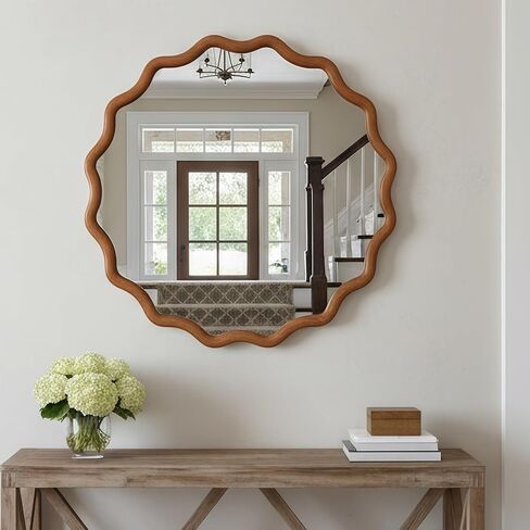 30 inch Wavy Round Solid Wood Frame Decorative Mirror Yellow Brown Wall Mirror in Kuwait