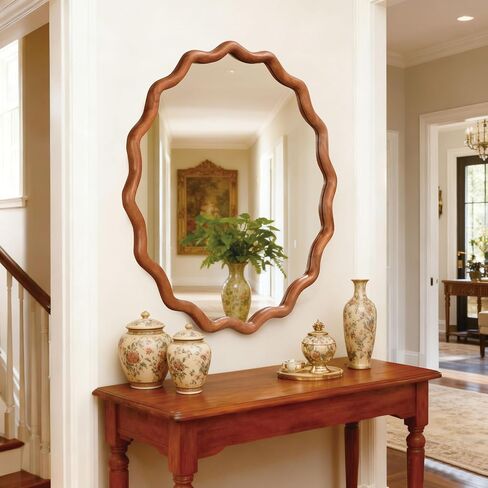 30 inch Wavy Round Solid Wood Frame Decorative Mirror Yellow Brown Wall Mirror in Kuwait