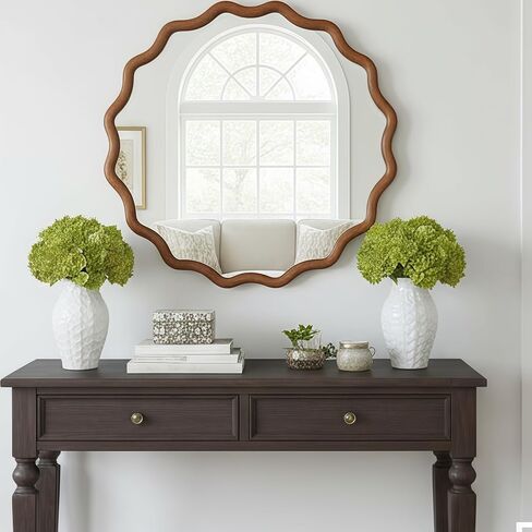 30 inch Wavy Round Solid Wood Frame Decorative Mirror Yellow Brown Wall Mirror in Kuwait