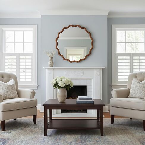 30 inch Wavy Round Solid Wood Frame Decorative Mirror Yellow Brown Wall Mirror in Kuwait