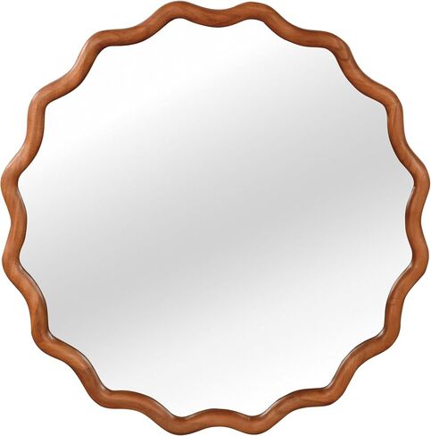 30 inch Wavy Round Solid Wood Frame Decorative Mirror Yellow Brown Wall Mirror in Kuwait