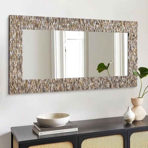 Rectanlge Mosaic Mirrors for Wall Decor, 47'' x 24'' Large Living Room Mirror with Handmade 3D Capiz Shell, Long Narrow Home Decor for Bathroom, Dining Room, Entryway, Fireplace, Tempered Glass in Saudi Arabia