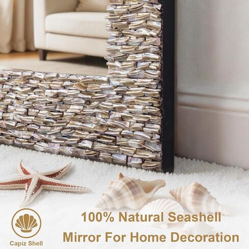 Rectanlge Mosaic Mirrors for Wall Decor, 47'' x 24'' Large Living Room Mirror with Handmade 3D Capiz Shell, Long Narrow Home Decor for Bathroom, Dining Room, Entryway, Fireplace, Tempered Glass in Saudi Arabia