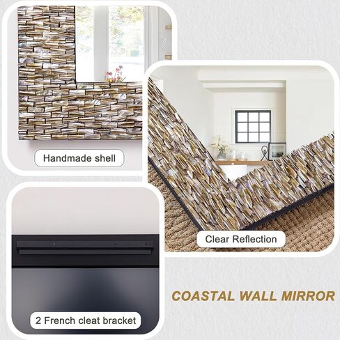 Rectanlge Mosaic Mirrors for Wall Decor, 47'' x 24'' Large Living Room Mirror with Handmade 3D Capiz Shell, Long Narrow Home Decor for Bathroom, Dining Room, Entryway, Fireplace, Tempered Glass in Saudi Arabia