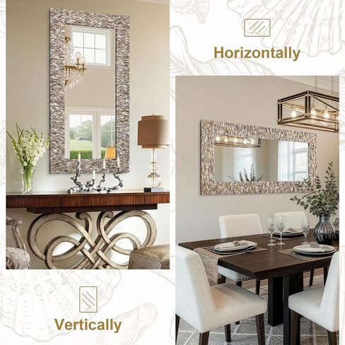 Rectanlge Mosaic Mirrors for Wall Decor, 47'' x 24'' Large Living Room Mirror with Handmade 3D Capiz Shell, Long Narrow Home Decor for Bathroom, Dining Room, Entryway, Fireplace, Tempered Glass in Saudi Arabia