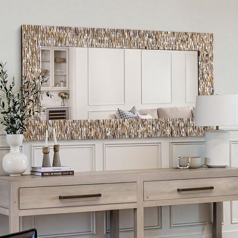 Rectanlge Mosaic Mirrors for Wall Decor, 47'' x 24'' Large Living Room Mirror with Handmade 3D Capiz Shell, Long Narrow Home Decor for Bathroom, Dining Room, Entryway, Fireplace, Tempered Glass in Saudi Arabia