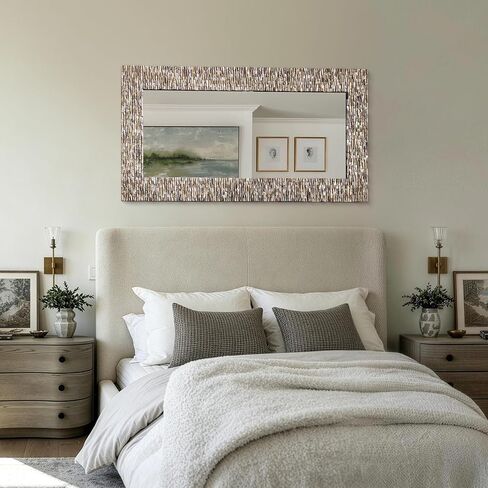 Rectanlge Mosaic Mirrors for Wall Decor, 47'' x 24'' Large Living Room Mirror with Handmade 3D Capiz Shell, Long Narrow Home Decor for Bathroom, Dining Room, Entryway, Fireplace, Tempered Glass in Saudi Arabia