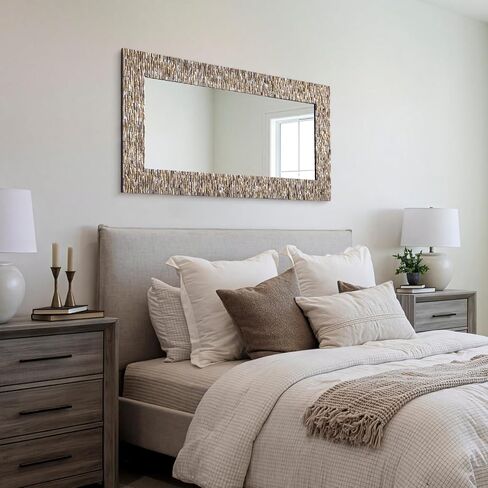 Rectanlge Mosaic Mirrors for Wall Decor, 47'' x 24'' Large Living Room Mirror with Handmade 3D Capiz Shell, Long Narrow Home Decor for Bathroom, Dining Room, Entryway, Fireplace, Tempered Glass in Saudi Arabia