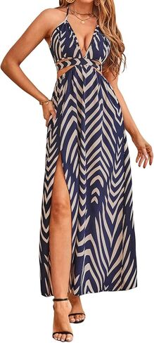 SweatyRocks Women's High Split Tie Backless Cut Out Halter Maxi Dresses Boho Vacation Long Dress in Kuwait