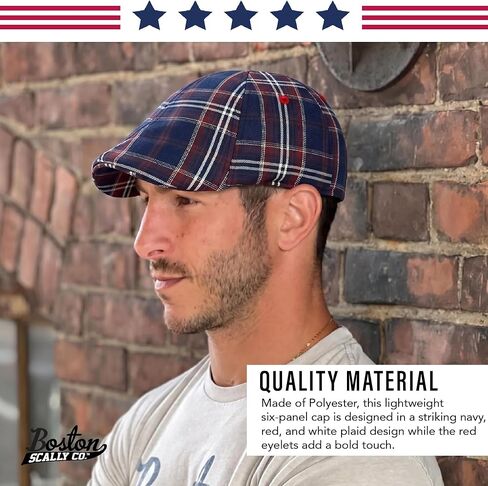 The Original Boston Scally Cap - The Brave Newsboy Flat Cap - 6 Panel Cotton Fitted Hat for Men - Navy Plaid in Saudi Arabia