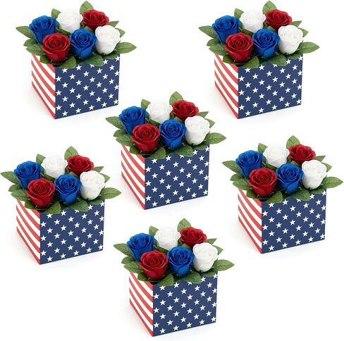 Red White Blue Patriotic Table Centerpiece Decor American Flag Artificial Rose Flower Box for 4th of July Memorial Day Independence Day Party Home Tabletop Decoration in Saudi Arabia