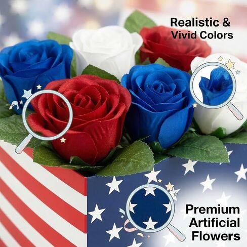 Red White Blue Patriotic Table Centerpiece Decor American Flag Artificial Rose Flower Box for 4th of July Memorial Day Independence Day Party Home Tabletop Decoration in Saudi Arabia
