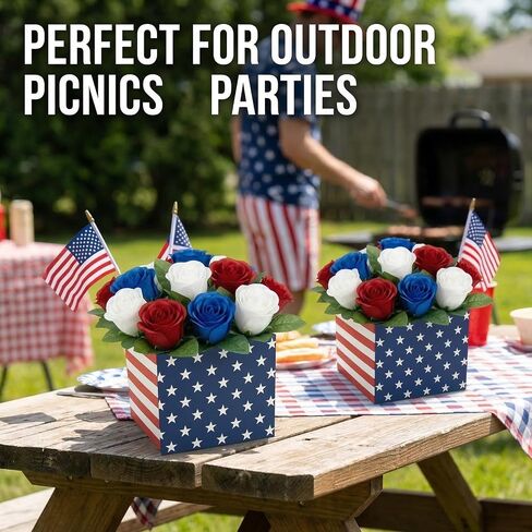 Red White Blue Patriotic Table Centerpiece Decor American Flag Artificial Rose Flower Box for 4th of July Memorial Day Independence Day Party Home Tabletop Decoration in Saudi Arabia