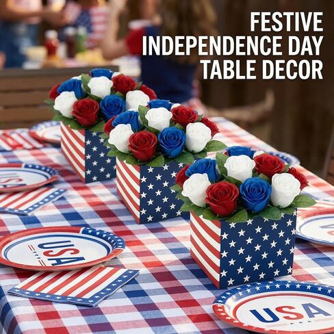 Red White Blue Patriotic Table Centerpiece Decor American Flag Artificial Rose Flower Box for 4th of July Memorial Day Independence Day Party Home Tabletop Decoration in Saudi Arabia