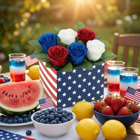 Red White Blue Patriotic Table Centerpiece Decor American Flag Artificial Rose Flower Box for 4th of July Memorial Day Independence Day Party Home Tabletop Decoration in Saudi Arabia
