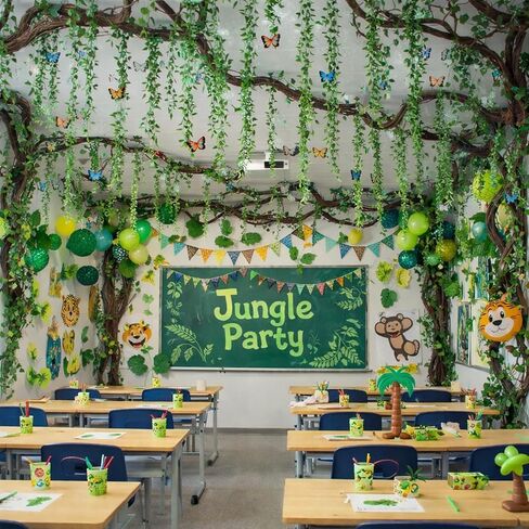 63Pcs Jungle Theme Decorations, 68.9ft Fake Vines with Artificial Hanging Willow Leaves and 20 Wire Butterflies, Greenery Vines Garland for Classroom, Rainforest Safari Party, Indoor Outdoor Decor in Saudi Arabia