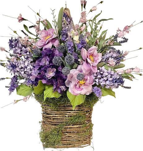 Basket Wreaths for Front Door, Spring Summer Door Hanging Baskets Artificial Wildflowers Wreath for Home Farmhouse Seasonal Holiday Rustic Ornament Decor (A) in Saudi Arabia