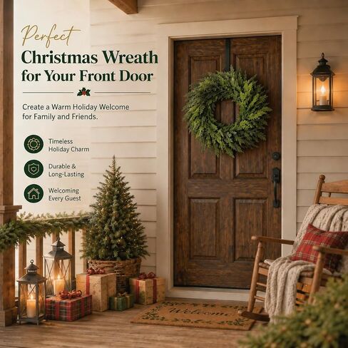 24 Inch Christmas Wreath for Front Door, Artificial Cedar Wreath | Winter Holiday Greenery Decor, Indoor Outdoor Use, Porch Wall Entryway Home Decor in Saudi Arabia