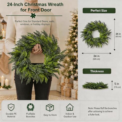 24 Inch Christmas Wreath for Front Door, Artificial Cedar Wreath | Winter Holiday Greenery Decor, Indoor Outdoor Use, Porch Wall Entryway Home Decor in Saudi Arabia