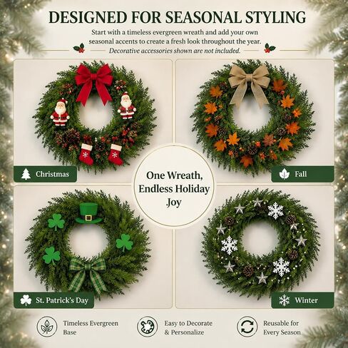 24 Inch Christmas Wreath for Front Door, Artificial Cedar Wreath | Winter Holiday Greenery Decor, Indoor Outdoor Use, Porch Wall Entryway Home Decor in Saudi Arabia