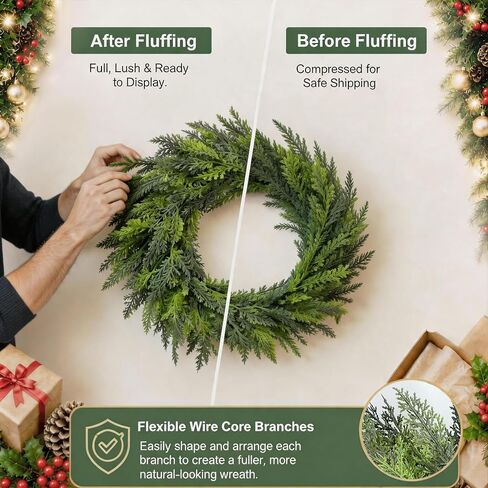 24 Inch Christmas Wreath for Front Door, Artificial Cedar Wreath | Winter Holiday Greenery Decor, Indoor Outdoor Use, Porch Wall Entryway Home Decor in Saudi Arabia