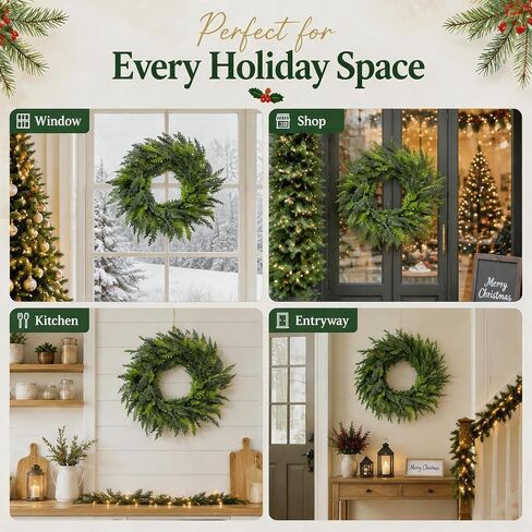 24 Inch Christmas Wreath for Front Door, Artificial Cedar Wreath | Winter Holiday Greenery Decor, Indoor Outdoor Use, Porch Wall Entryway Home Decor in Saudi Arabia