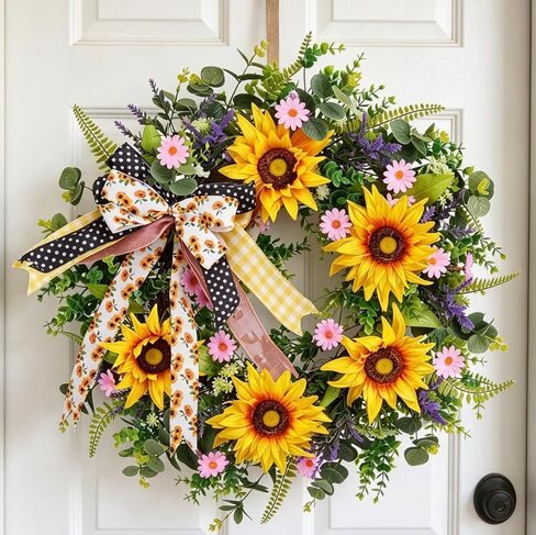 24Inch Sunflower Summer Wreaths for Front Door, Large Artificial Sunflower Door Wreath UV Resistant Silk Floral Wreath for Front Gate Wall Porch Farmhouse Fall Transition in Saudi Arabia
