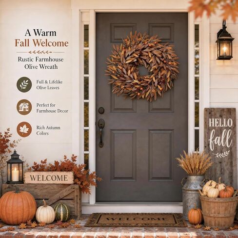 Fall Wreath for Front Door, 24 Inch Artificial Olive Wreath | Olive Branches & Berries, Rustic Farmhouse Autumn Decor for Indoor Outdoor Porch Entryway in Saudi Arabia