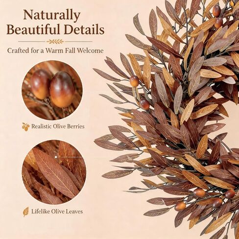 Fall Wreath for Front Door, 24 Inch Artificial Olive Wreath | Olive Branches & Berries, Rustic Farmhouse Autumn Decor for Indoor Outdoor Porch Entryway in Saudi Arabia