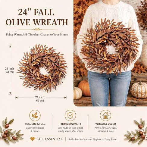 Fall Wreath for Front Door, 24 Inch Artificial Olive Wreath | Olive Branches & Berries, Rustic Farmhouse Autumn Decor for Indoor Outdoor Porch Entryway in Saudi Arabia